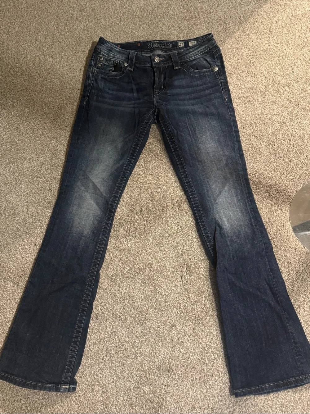 Miss Me Dark Blue Boot Cut Jeans with Embroidered Rhinestone Pockets